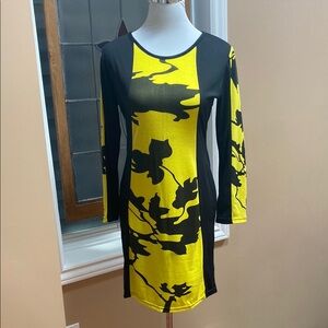 Yellow and Black Long Sleeve Bodycon Dress